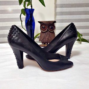 ELLIOTT LUCA Andrea Black Leather Peep Toe Heels Pumps Sz 7.5 EUC